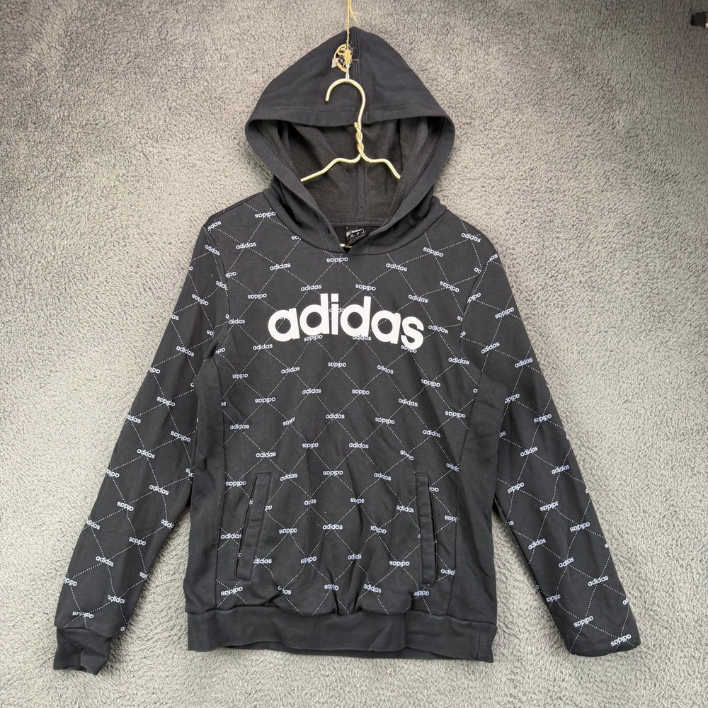 Adidas Mens Black Monogram Logo Pullover Hoodie Size Medium All Over Print